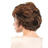 abordables perruque plus âgée-perruques courtes bouclées brunes avec coupe de lutin brune perruques ondulées pour femmes blanches perruques synthétiques complètes en couches pour une fête quotidienne