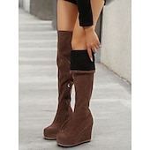 baratos Botas da moda-botas femininas acima do joelho, plataforma marrom com zíper lateral – textura de camurça sintética e plataforma confortável para looks casuais e estilosos