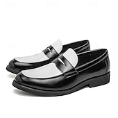 cheap Semi-Formal-Men&#039;s Two-Tone Faux Leather Slip-On Loafers – Black and White Penny Dress Shoes for Prom, Business Party, Gatsby Nightlife, Vintage 1950s Swing Look