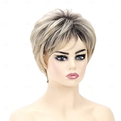 baratos peruca mais velha-perucas loiras curtas para mulheres perucas loiras com corte pixie com franja perucas de cabelo curto em camadas retas perucas loiras claras sintéticas de aparência natural