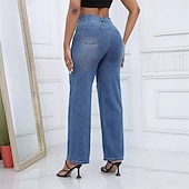 billige Straight-Leg Bukser-Dame Normal Jeans Gatemote Stilfull Full lengde Høy Midje Helfarge Lomme comfy Pusteevne Myk Mikroelastisk Gate Daglig Lyseblå Mørkeblå Vår &amp; Vinter Løstsittende