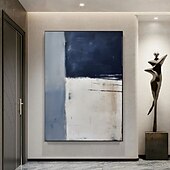 cheap Still Life Paintings-Handpainted White Blue Textured Painting Oversized 3D handmade Abstract Geometric Wall Art painting Large Minimalist black white textured Painting for Living Room bedroom Wall Decor Abstract Art
