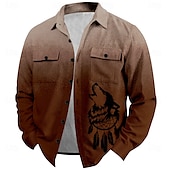 cheap Men&#039;s Shirt Jacket-Christmas Men&#039;s Wolf Corduroy Shirt Shirt Jacket Overshirt Long Sleeve Vintage Tribal Outdoor Dailywear Fall &amp; Winter Turndown Collared Shirts Buttons 3D Print 2 Pockets 1pc Black Grey Army Green Red