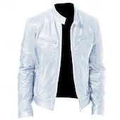 cheap Faux Leather Jackets-Men&#039;s Faux Leather Jacket Transition Jacket Biker Jacket Street Casual Thermal Warm Windproof Zipper Spring Fall Solid Color Pocket Vintage Fashion Stand Collar Regular Faux Leather Slim Fit Silver