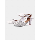 abordables Chaussures de danses latines-chaussures de danse en dentelle dorée pour femmes avec bride croisée et semelle en daim – talons confortables pour les événements de danse de salon et latine