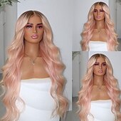 levne Paruky z přírodních vlasů se síťkou ofina-Remy lidské vlasy 13x4 krajka vpředu Paruka Volná část Brazilské vlasy Vlnitá Růžová Paruka 130% 150% Hustota vlasů Ombre vlasy Přírodní vlasová linie Bezlepkové Předtržený Pro Dámské Dlouhý Paruky z