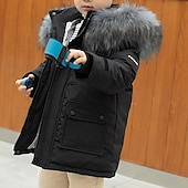 cheap Boy&#039;s Downs &amp; Puffer Jacket-Kids Boys Down Coat Hoodie Jacket Outerwear Solid Color Long Sleeve Pocket Coat Outdoor Daily Basic Black Red Green Fall Winter 4 years+