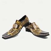 cheap Premium Leather Loafers-Men&#039;s Snake Print Leather Slip-On Dress Shoes with Gold Tip Gold Metal Embellishment–Premium Cowhide, Formal Party Footwear