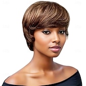 abordables Perruques sans bonnet-perruque coupe lutin avec frange courte droite couleur mixte remy cheveux humains brésiliens sans colle perruque entièrement fabriquée à la machine
