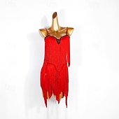 abordables Tenues de danse latine-robe de concours de danse latine pour femmes, robe à pampilles sans manches pour rumba salsa chacha
