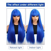 economico Parrucche trendy sintetiche-parrucca lunga e dritta con frangia parrucca sintetica in fibra di capelli naturali per donne e ragazze perfetta per feste di Natale e cosplay