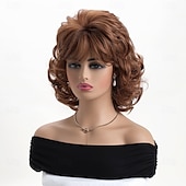 abordables perruque plus âgée-perruque synthétique bouclée avec frange perruque fabriquée à la machine cheveux synthétiques courts bruns pour femmes mode douce facile à transporter