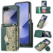 Недорогие Чехлы для Samsung-телефон Кейс для Назначение Z-флип 6 Кейс на заднюю панель со стендом с ремешком Разъем для карты Ретро ТПУ Кожа PU