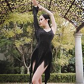 voordelige wedstrijd jurk-Latin Salsa Dance Kleding Kwastje Pure Kleur Gesplitst Dames Prestatie Opleiding Lange mouw Netstof