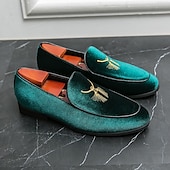 お買い得  セミフォーマル-ゴールドの刺繍が施されたメンズグリーンベルベットローファー - フォーマルなイベントや結婚式に最適な豪華なスリッポンシューズ