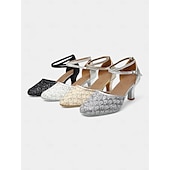 abordables Chaussures de danses latines-chaussures de danse en dentelle dorée pour femmes avec bride croisée et semelle en daim – talons confortables pour les événements de danse de salon et latine