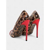 abordables Talons Aiguilles-talons aiguilles imprimé léopard pour femmes – escarpins à bout pointu en cuir verni rouge pour fêtes et événements nocturnes