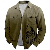 cheap Men&#039;s Shirt Jacket-Christmas Men&#039;s Wolf Corduroy Shirt Shirt Jacket Overshirt Long Sleeve Vintage Tribal Outdoor Dailywear Fall &amp; Winter Turndown Collared Shirts Buttons 3D Print 2 Pockets 1pc Black Grey Army Green Red