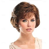 abordables perruque plus âgée-perruques courtes bouclées brunes avec coupe de lutin brune perruques ondulées pour femmes blanches perruques synthétiques complètes en couches pour une fête quotidienne