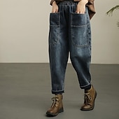 abordables Pantalones-Mujer Normal Vaqueros Pantalones Harem Moda Ropa de calle Clásico Longitud total Alta cintura Color sólido Bolsillo Transpirable Suave Microelástico Exterior Casual [negro] Azul Piscina Primavera