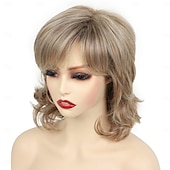voordelige oudere pruik-korte bruine pruiken 14 inch golvende krullende pruik schouderlengte middenscheiding pruiken natuurlijk ogende synthetische blonde haar pruiken voor vrouwen dagelijks feestgebruik
