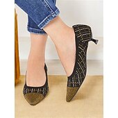 cheap Kitten Heels-Women&#039;s Elegant Black Kitten Heels - Pointed Toe with Gold Thread Detailing, Comfortable and Stylish for Office and Evening Wear