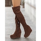 baratos Botas da moda-botas femininas acima do joelho, plataforma marrom com zíper lateral – textura de camurça sintética e plataforma confortável para looks casuais e estilosos