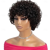 economico Parrucche di capelli veri senza cuffia-parrucche brasiliane corte pixie afro ricce e crespe per donne parrucca bob castana senza colla con frangia parrucca di capelli umani da 6 pollici