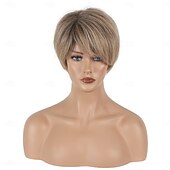 economico parrucca più vecchia-parrucche bionde corte per donne parrucche bionde con taglio pixie con frangia parrucche corte lisce a strati parrucche bionde chiare sintetiche dall&#039;aspetto naturale