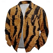 cheap Men&#039;s Shirt Jacket-Men&#039;s Tiger Skin Corduroy Shirt Shirt Jacket Overshirt Long Sleeve Vintage Tribal Outdoor Dailywear Fall &amp; Winter Turndown Collared Shirts Buttons 3D Print 2 Pockets 1pc Brown