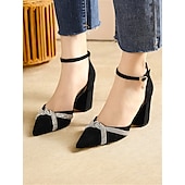 preiswerte Halbformell-Schwarze Pumps mit Blockabsatz für Damen mit Strass-überkreuztem Riemchen und Fußkettchen – elegante Schuhe mit spitzer Spitze für formelle Anlässe