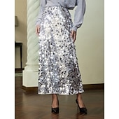 cheap Women&#039;s Skirt-Sequin Silver Party Midi Skirt