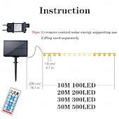 abordables Guirlandes solaires-Guirlande lumineuse solaire à LED, 10 m/20 m/30 m/50 m, lumières acryliques étanches pour l&#039;extérieur avec télécommande, plug-in pour les vacances de Noël, les fêtes,&amp;amp;décoration de jardin prise