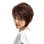 abordables perruque plus âgée-perruques brunes perruque synthétique droite avec frange perruque fabriquée à la machine cheveux synthétiques courts pour femmes mode douce facile à transporter