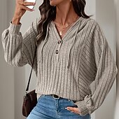baratos Moletons e Sweatshirts Texturizados-moletom feminino com capuz moletom casual simples rua diário moletom com capuz botões manga longa cáqui outono inverno
