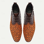 cheap Premium Leather Boots-Men&#039;s Premium Cowhide Leather with Pony Hair Ankle Boots - Geometric Pattern Lace-Up Stylish Casual &amp; Formal Shoes