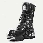 cheap Premium Leather Boots-Men's Black Gothic Steampunk Combat Boots with Skull Buckle Accents - Premium Cowhide Leather for Cosplay and Biker Style
