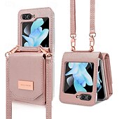 お買い得  サムスン用ケース-電話 ケース 用途 Zフリップ6 Z Flip 5 Z Flip 4 Z Flip 3 バックカバー ストラップ付き カード挿入口 耐衝撃 レトロ風 TPU PUレザー