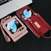 cheap Samsung Cases-Phone Case For Z Flip 6 Z Flip 5 Z Flip 4 Z Flip 3 Back Cover with Stand Holder with Wrist Strap Card Slot Retro TPU PU Leather