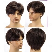 voordelige Herenpruiken-heren korte pruik krullend met pony pruik kort bruin grijs blond synthetisch haar dames blond bruin grijs