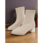 preiswerte Stiefeletten-beigefarbene Sock-Stiefeletten für Damen mit metallischem Blockabsatz – elastisches Strickgewebe und modernes Design für lässige und stylische Looks