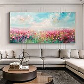 cheap Floral/Botanical Paintings-Sandy Sea Shore Flowers Blue Sky Hand Painted Wall Decor Living Room Acrylic Abstract Oil Painting Office Wall Art Textured Painting No Frame