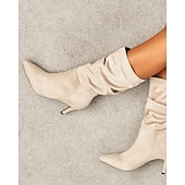 billiga Slouch Boots-damstövlar i brun mocka med mitten av vaden - eleganta stilettklackar med spetsiga tå, perfekta för höstens fritids- och festkläder