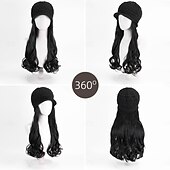 abordables Pelucas sintéticas de moda-Gorro con peluca y extensiones de pelo largo y ondulado, gorro de punto con pompón para mujer, color negro, para invierno