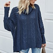 billiga Solida färger-Dam Tröja Pullover tröja Ledigt Mjukt Ren färg Kabel Polokrage Stickat Långärmad Vanliga toppar Sticka Utomhus Dagligen Helgen Marinblå Beige Höst Vinter