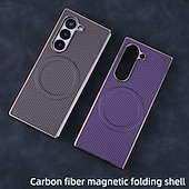 お買い得  サムスン用ケース-電話 ケース 用途 Zフォールド6 Z Fold 5 Z Fold 4 Z Fold 3 バックカバー スタンド付き 磁石バックル ワイヤレス充電をサポート レトロ風 カーボンファイバー 仕上げ