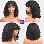 baratos Perucas capless de cabelo natural-perucas curtas de cabelo humano cacheado peruca curta bob cacheado cabelo humano com franja para mulheres peruca curta sem cola onda de água cabelo humano com franja preto natural 12 polegadas