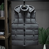 billiga Gilets-Herr Pufferväst Hoodie väst Vadderad Gilet Quiltad väst Dagligen Datum Semester Mode Ledigt Höst vinter Ficka Avtagbar huva Polyester Håller värmen Bekväm Ensfärgat Dragkedja Huva Normal Svart