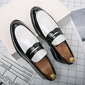 cheap Semi-Formal-Men&#039;s Two-Tone Faux Leather Slip-On Loafers – Black and White Penny Dress Shoes for Prom, Business Party, Gatsby Nightlife, Vintage 1950s Swing Look