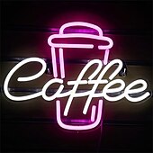 abordables Lampes néon led-enseigne au néon café - rose &amp;néon LED blanc pour café, bar, restaurant, décoration murale alimentée par USB pour chambre, pub, fête d&#039;anniversaire